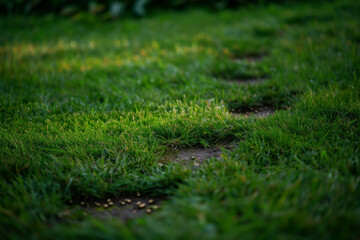A winding path meanders through vibrant green grass, creating a tranquil, natural landscape. Sunlight illuminates the grassy terrain, highlighting the textures and adding to the overall calmness.