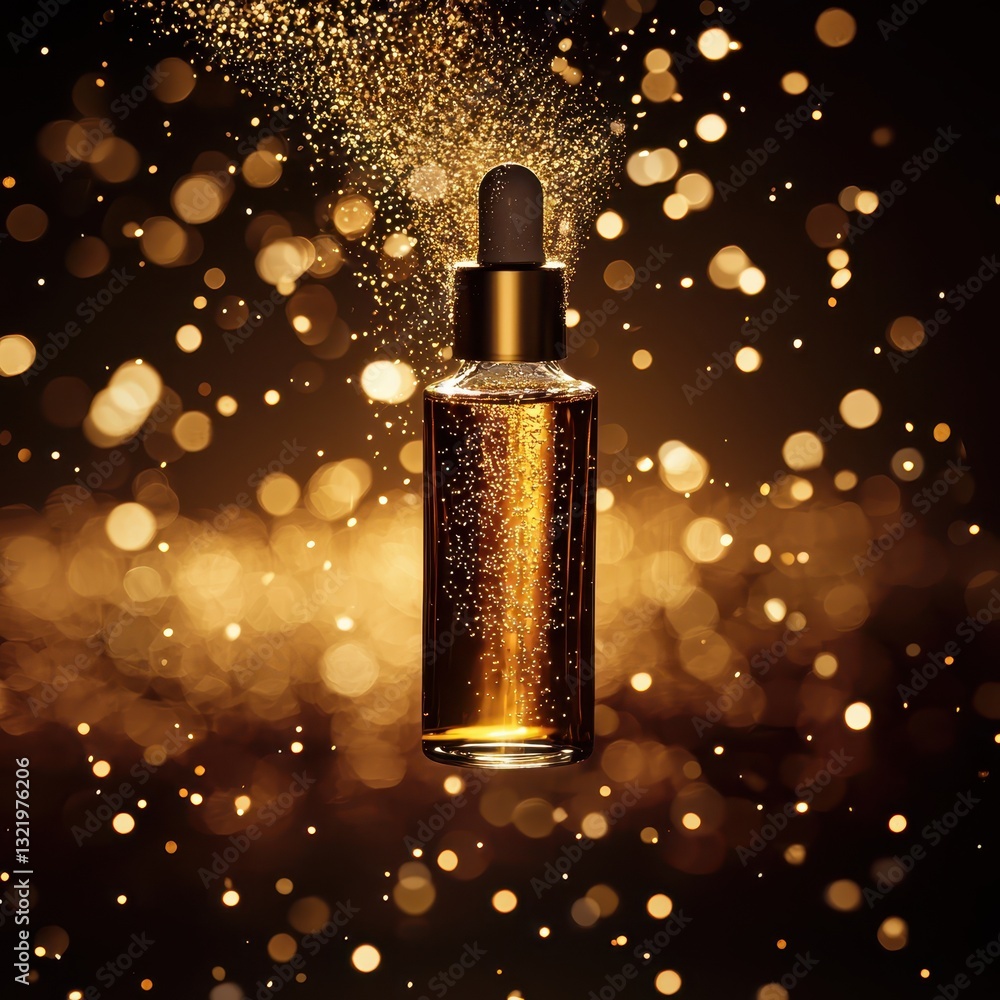 Poster golden serum bottle with sparkles and bokeh background effect