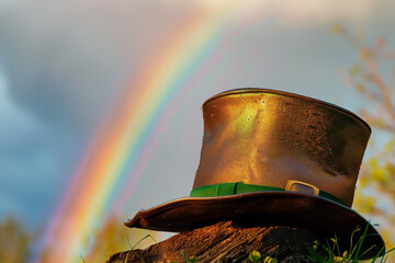 Close-up showcasing a golden top hat with a green band resting on a weathered log. A bright rainbow arcs in the background, creating a whimsical atmosphere hinting at magic and celebration.