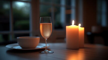 Evening scene glass of drink, cup, and lit candles on table by window