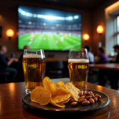 A delicious pizza with melted cheese sits on a wooden table. Two cold beers in tall glasses complement the meal. A football match plays on the screen in the background.