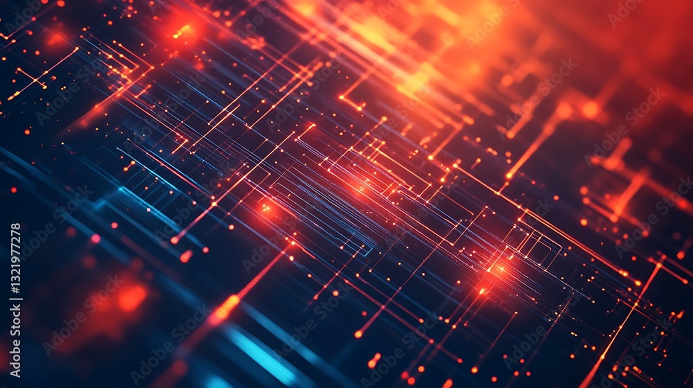 Poster abstract technology background with glowing circuit board lines, digital network connections and fut