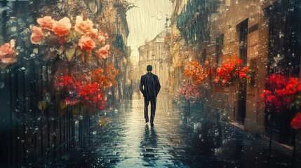 A Man Walking Down a Rainy Street with Decorative Flowers