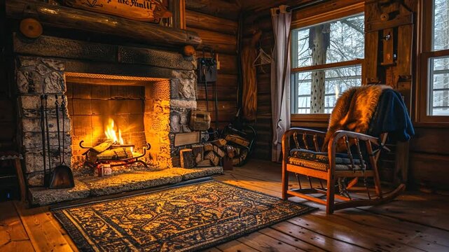 Romantisches Kaminfeuer in gem&uuml;tlicher H&uuml;tte