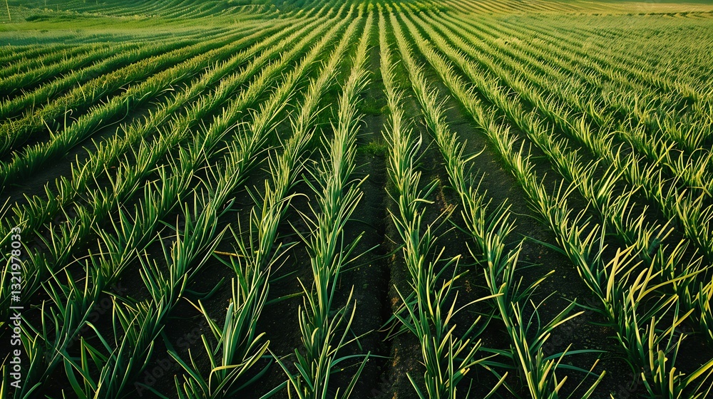 Poster high-altitude view of a sprawling garlic field with rows of green garlic shoots creating a repeating