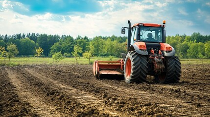 A tractor with a tilling attachment working on a construction site leveling raw soil for future development in a vast open area