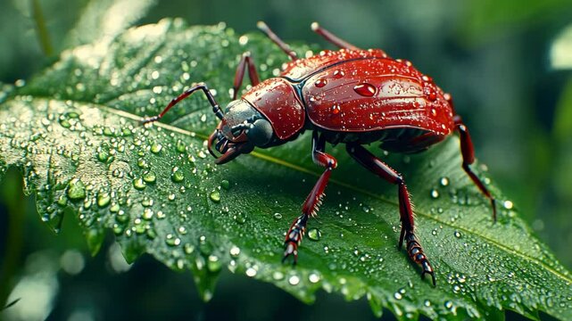 Crimson Jewel Beetle on Dew-Kissed Leaf