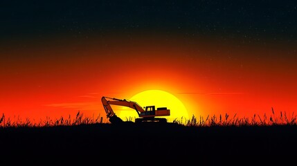 Fototapeta premium A yellow excavator at rest silhouetted against a breathtaking sunset