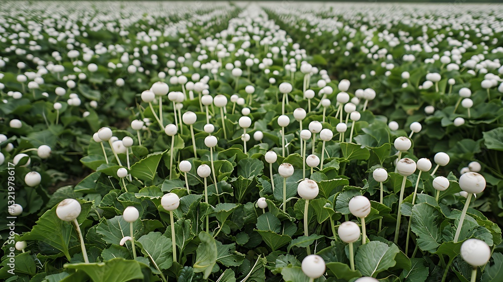 Poster overhead perspective of a large field of turnips with green tops and white bulbs creating a distinct