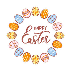 A charming round frame made of beautifully decorated Easter eggs, featuring an array of vibrant colors and patterns. This delightful illustration embodies the spirit of Easter, perfect for invitations