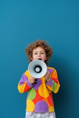 Fototapeta premium A young girl with a microphone is standing in front of a blue wall. She is wearing a colorful outfit with polka dots and is holding a microphone. Concept of excitement and enthusiasm