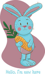 Illustration of a cute bunny holding a carrot on a white background with the inscription