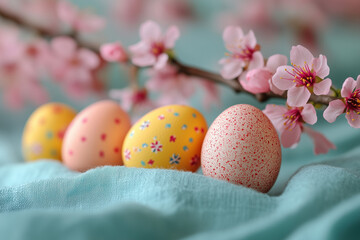 Fototapeta premium Hand-painted floral Easter eggs with cherry blossoms in soft natural light