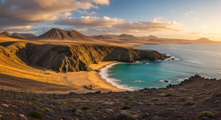 Stunning Fuerteventura Coast: Turquoise Waters & Volcanic Mountains at Sunset. Paradise Awaits!