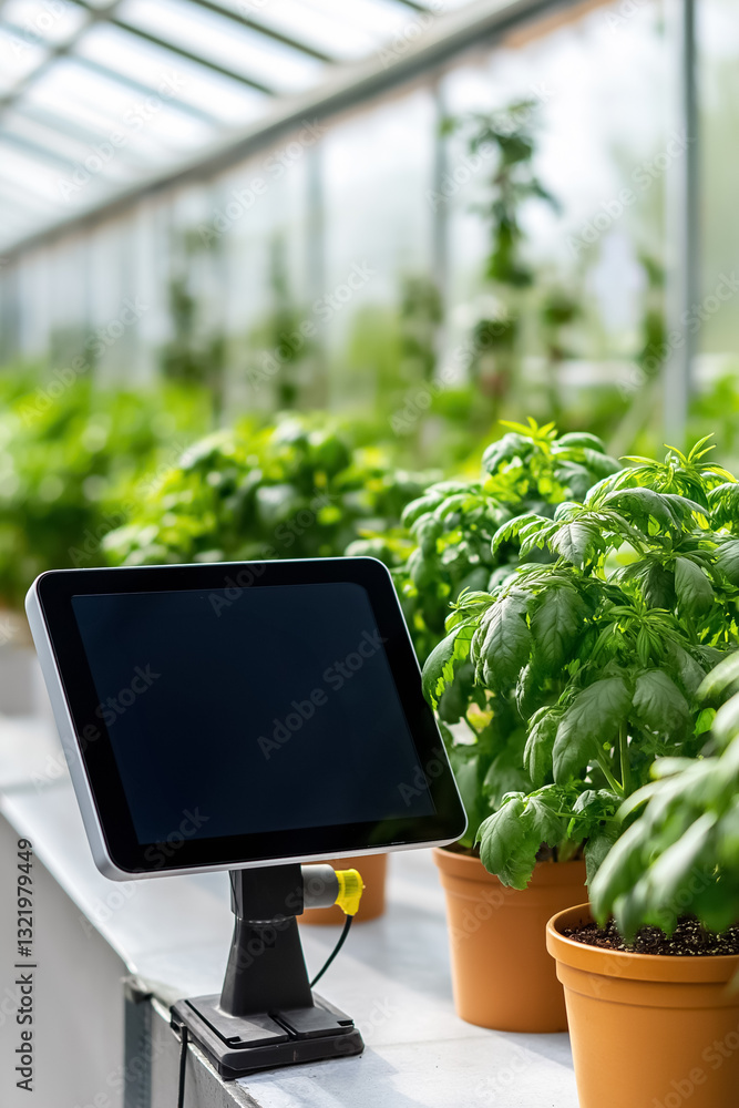 Aufkleber touchscreen control panel in a smart greenhouse shows precise temperature and humidity data. surroun
