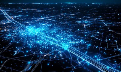 Obraz premium A digital depiction shows an aerial view of a lit city