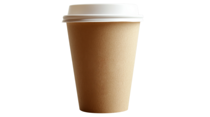 Disposable paper coffee cup with white lid on transparent background