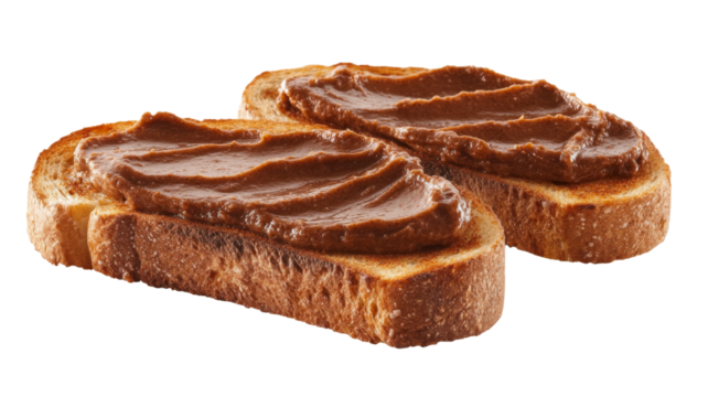 Two toasted slices of bread with chocolate spread on transparent background