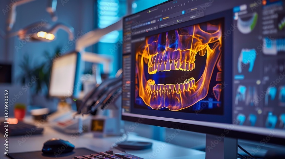 Aufkleber a computer screen in a dental office shows a colorful visualization of a jaw and teeth, highlighting