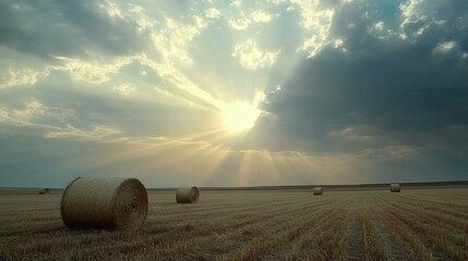 Stubble remains in the field with hay bales under a dramatic sky where sun rays shine through the clouds