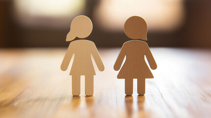 Wooden female figures standing together on surface