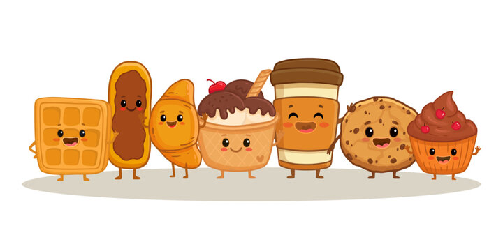 set of cartoon food characters isolated on white. Ice cream, Viennese waffle , cupcake, croissant and cookie, eclair, cup of cofee in flat style. Vector illustration