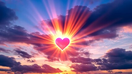 Vibrant sunset with heart-shaped sun rays illuminating the sky, creating a romantic atmosphere - Powered by Adobe