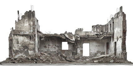 Destroyed building with rubble and transparent background isolated on alpha channel