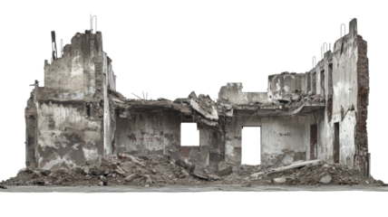 Destroyed building with rubble and transparent background isolated on alpha channel
