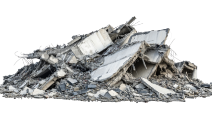 Pile of concrete rubble isolated on transparent background representing destruction