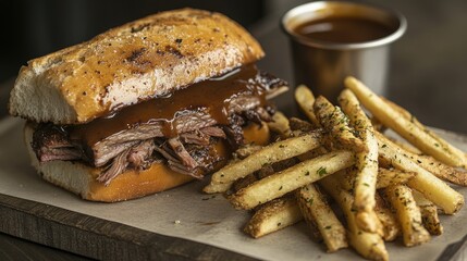 Slow-roasted beef short rib sandwich with a glossy gravy coating, served with crispy herb fries.