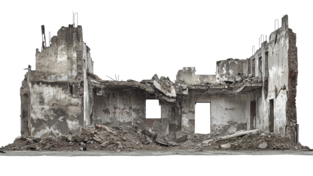 Destroyed building with rubble and transparent background isolated on alpha channel