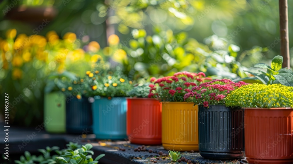 Aufkleber brightly colored pots full of various flowers are lined along a stone path in a garden. lively plant