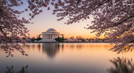 Obraz premium Jefferson Memorial Bloom: DC Cherry Blossoms & Golden Hour Reflections - Springtime in Washington D.C.