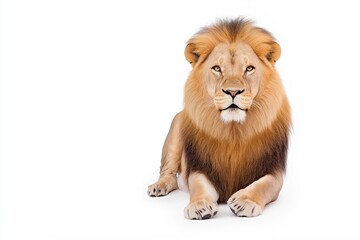 Fototapeta premium A lion is laying down on a white background. The lion is looking at the camera. The lion is the main focus of the image
