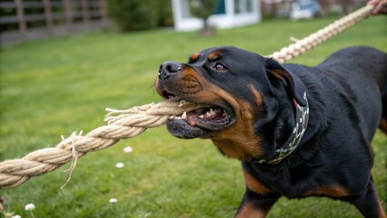 Determined dog engaging in friendly tug backyard video outdoor playful scene joyful activity
