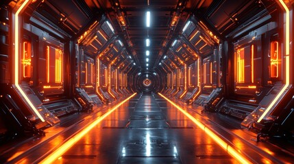 Futuristic corridor with orange and blue lighting, dark metal, and a circular end point