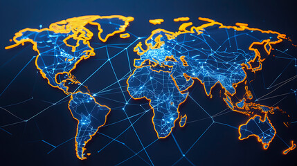 Fototapeta premium Futuristic Glowing World Map Digital Orange and Blue Global Connectivity Design