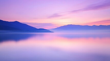 Fototapeta premium Peaceful twilight scene with soft purple and pink hues in the sky, a calm lake reflecting the colors of the setting sun, evoking tranquility and the quiet beauty of nature.