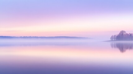 Obraz premium Peaceful twilight scene with soft purple and pink hues in the sky, a calm lake reflecting the colors of the setting sun, evoking tranquility and the quiet beauty of nature.