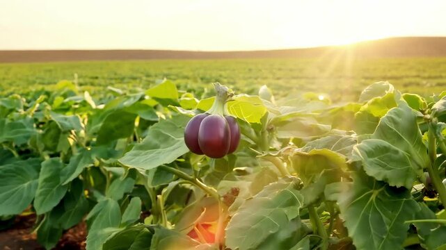 Lush green eggplant field under sunny sky. concept of agriculture, organic farming, nature's bounty, sustainable growth