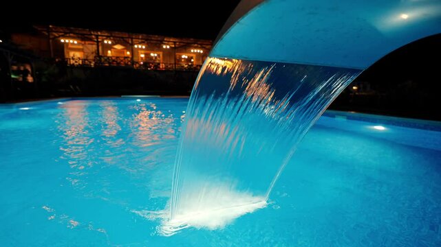 A mesmerizing swimming pool waterfall under night lights. The soothing water flow and atmospheric lighting create the perfect scene for luxury resorts, spa centers, and relaxation concepts.

