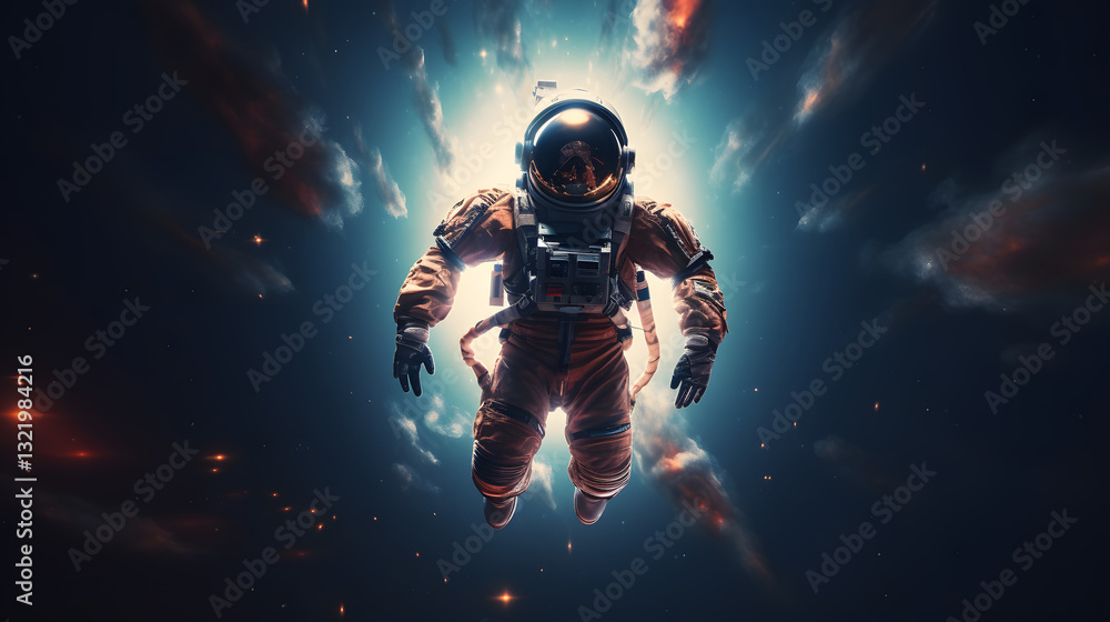 Poster a man in a space suit is floating in space