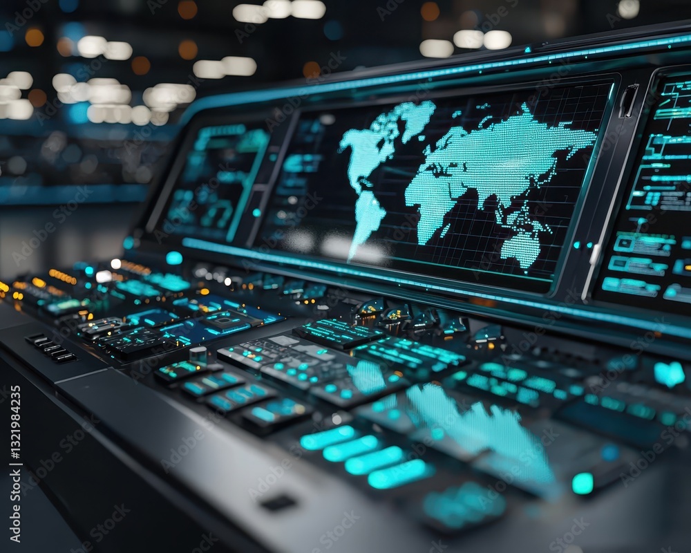 Poster futuristic control panel with world map display and digital interface