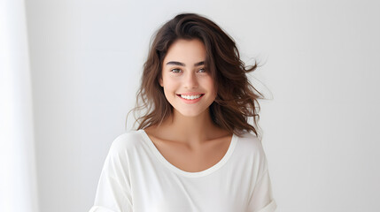 Fototapeta premium A woman with long brown hair is smiling