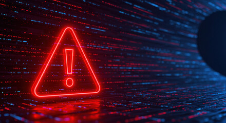 Cyber Threat Alert: Glowing Red Warning Sign in Data Stream Tunnel - Security, Risk, Danger, Error, Warning, Information Security