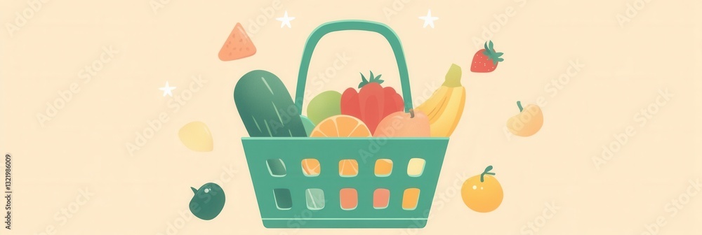 Aufkleber Fresh fruits and vegetables in a green shopping basket against a soft pastel background with a minimalistic design