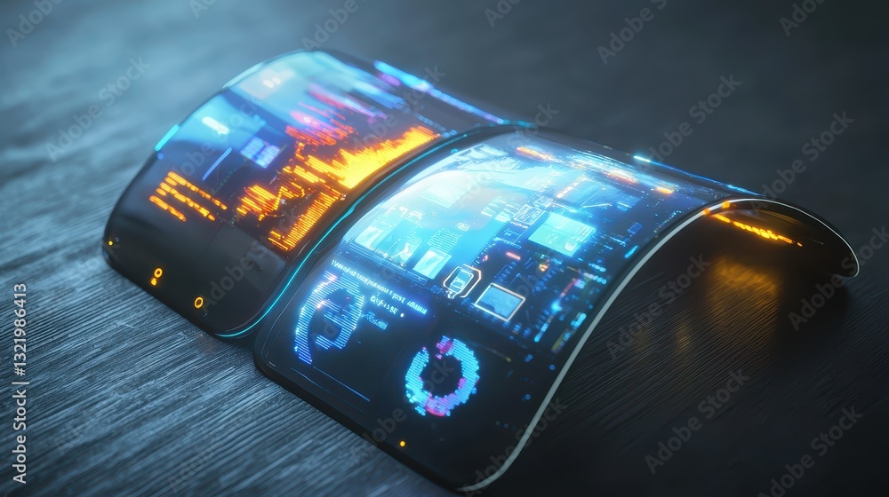 Poster futuristic flexible display technology with data visualization elements