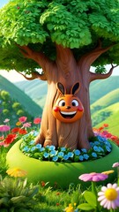 Obraz premium A cartoon rabbit is sitting in the middle of a lush green field.