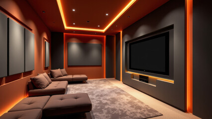 Fototapeta premium Modern living room with orange accent lighting and acoustic panels on walls for improved sound quality.